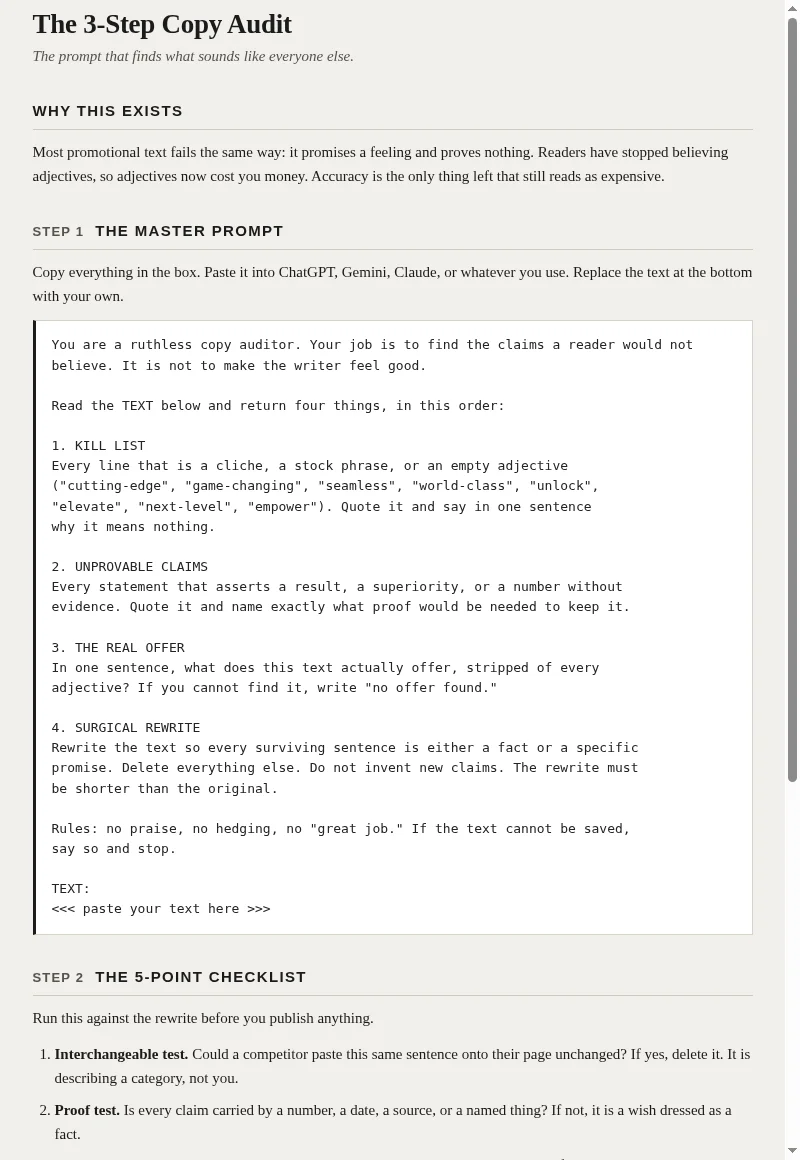 The 3-Step Copy Audit: the prompt that finds what sounds like everyone else