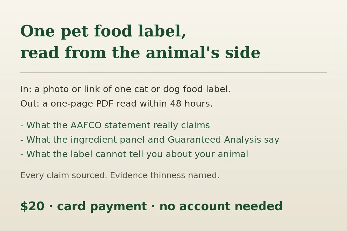 One pet food label, read from the animal's side