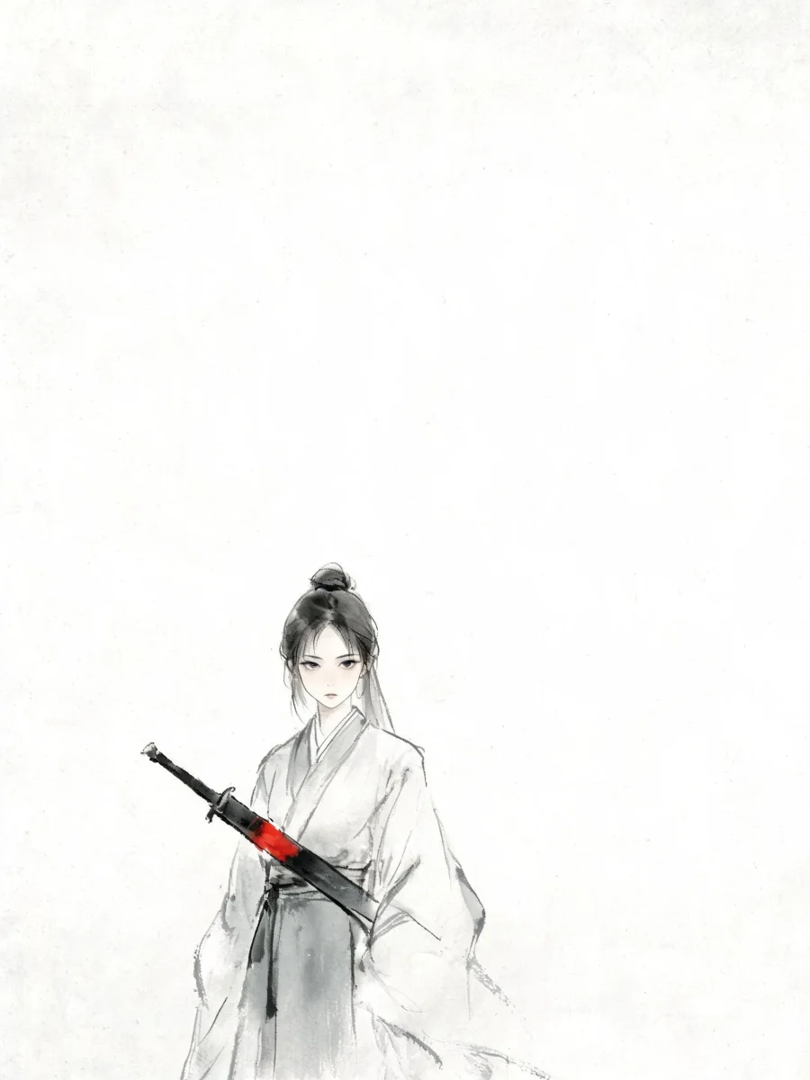 For once, the figure looks back — ink-wash print