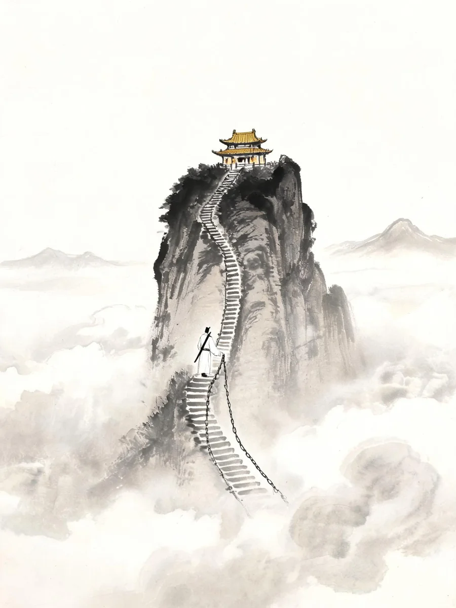 Wudang, and the only color is on top — ink-wash print
