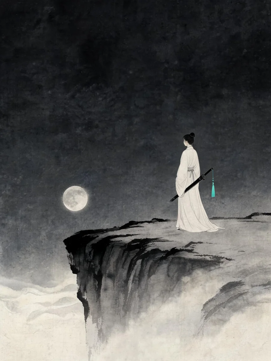 The sword stays sheathed — ink-wash print