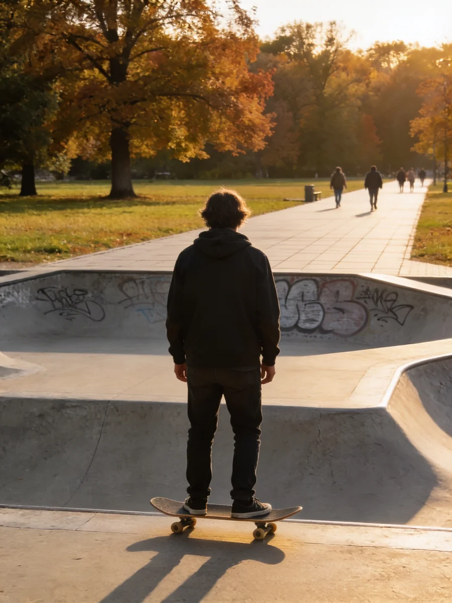 A skateboarder, a skatepark, or one trick, drawn from your description