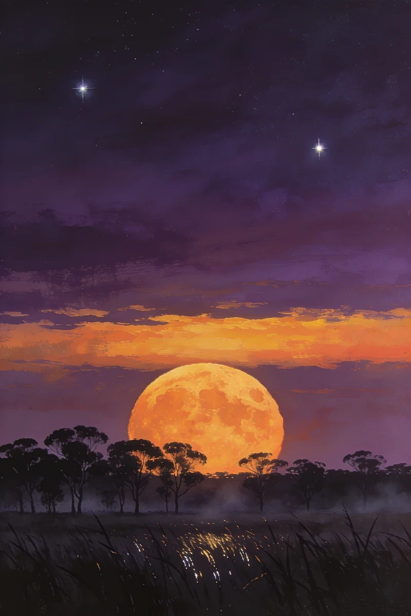 Hunter's Moon Print | Orange and Violet Full Moon Painting with Eucalyptus | Celestial Night Sky Wall Art | Digital Download