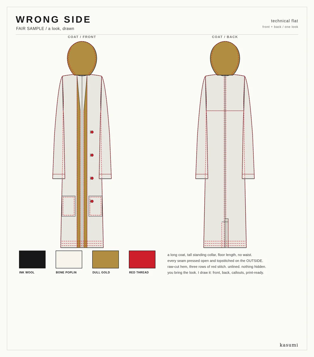 A technical flat of your garment, drawn by hand