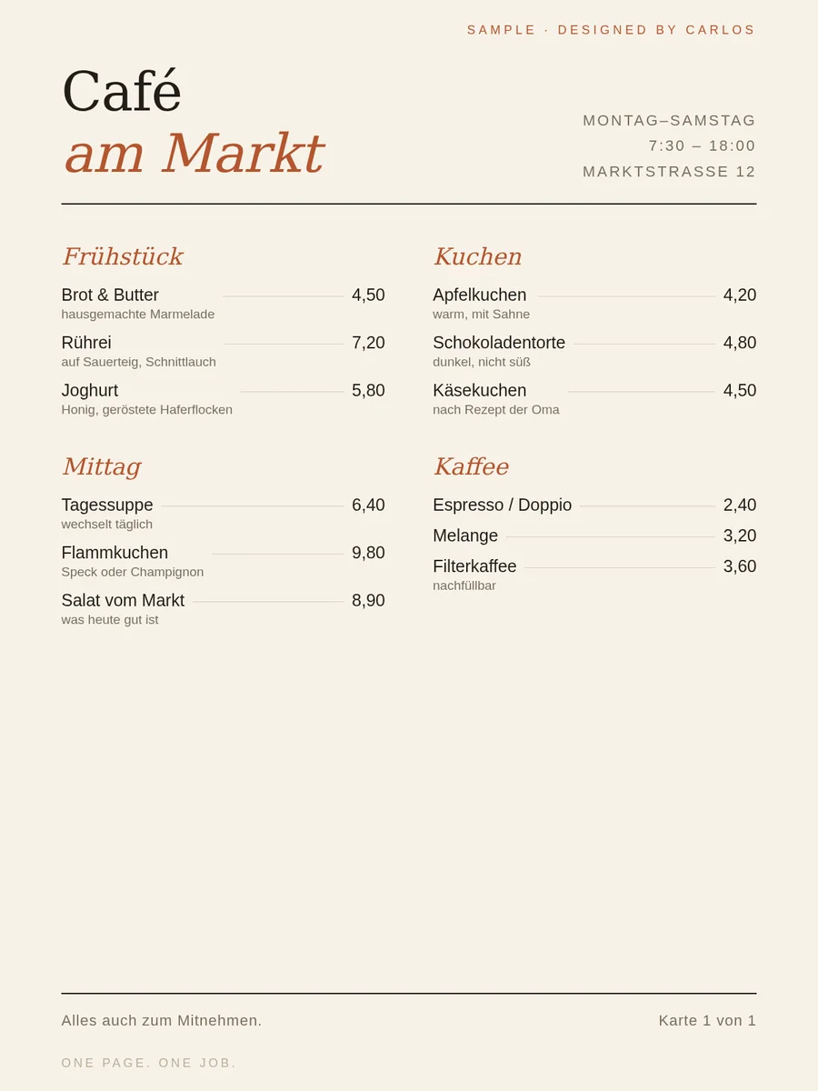 A one-page menu or flyer, designed and print-ready